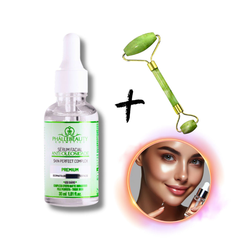 Kit Sérum Facial Anti-oleosidade Phallebeauty + Rolo Massageador Pedra de Jade
